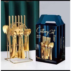 Golden Spoon 24 Pcs Gold Plated Stainless Steel Spoon & Fork SET & RACK