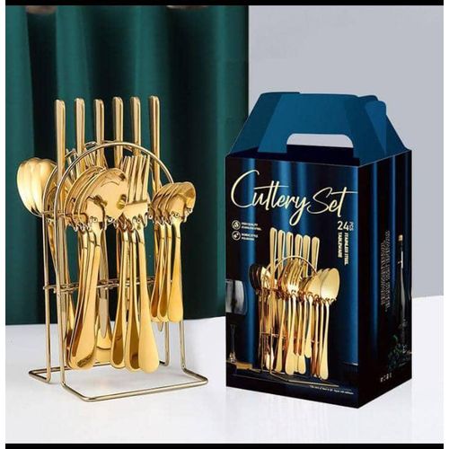 Golden Spoon 24 Pcs Gold Plated Stainless Steel Spoon & Fork SET & RACK